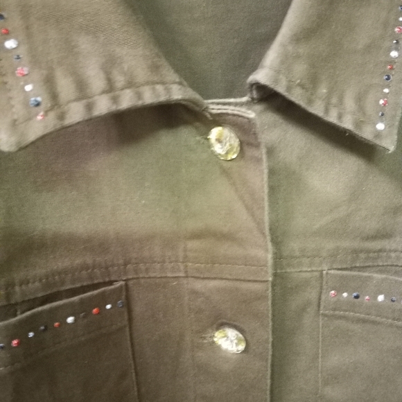 Selene Sport Jacket Olive Green Denim Rhinestones Buttons & Embellishments L/14 - Picture 2 of 8